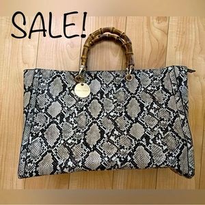 FAUX LEATHER SNAKE PRINT TOTE REAL BAMBOO HANDLES